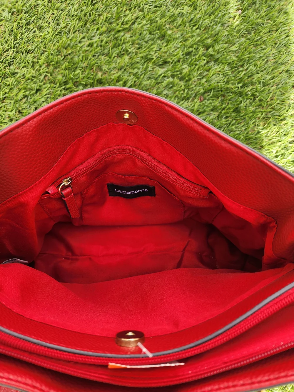 NWOT Vintage Liz Claiborne Park Slope Satchel Bag - Grey Monogram & Red Trim